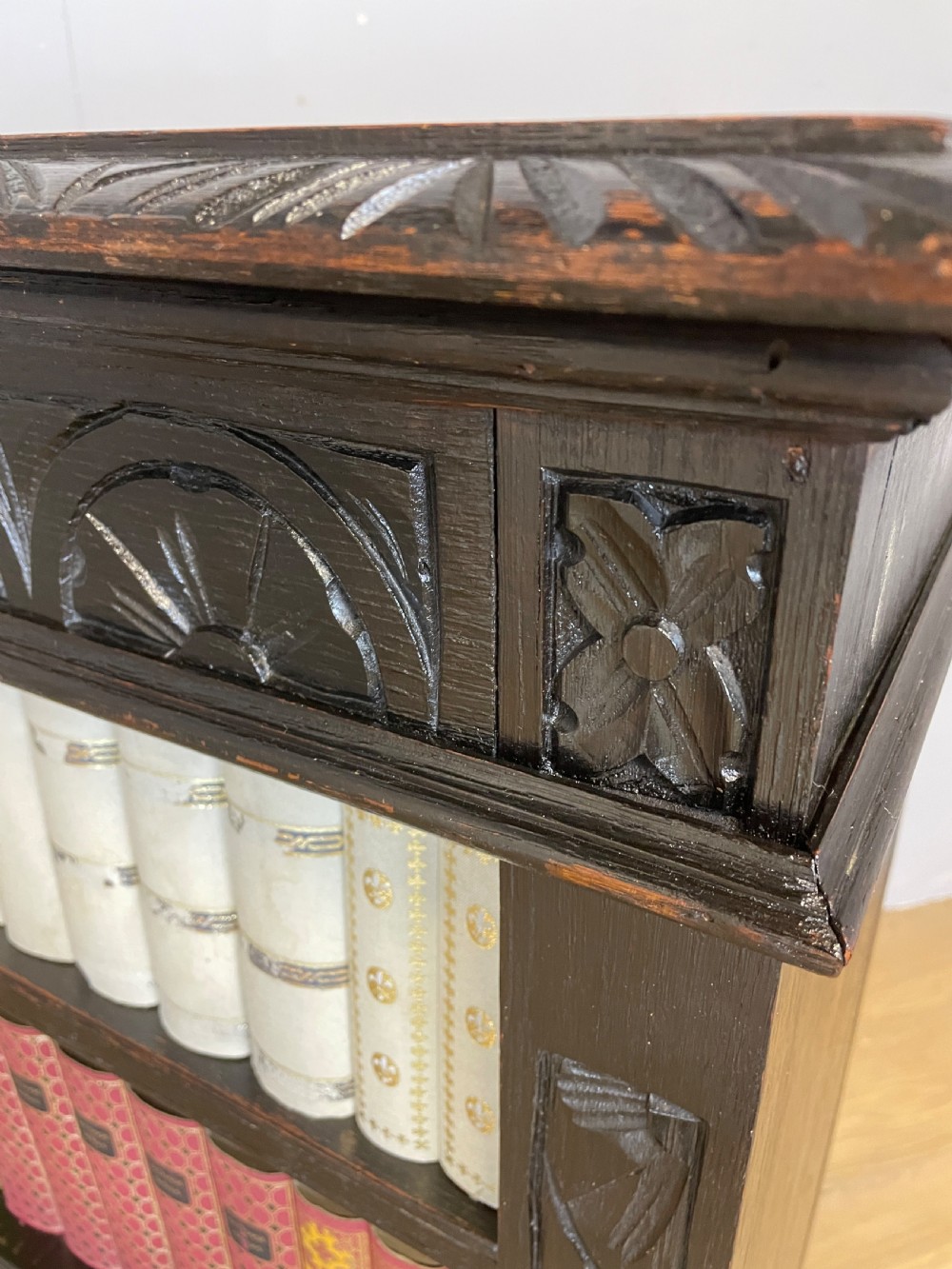 C19TH oak carved Jacobean style open bookcase  View VI
