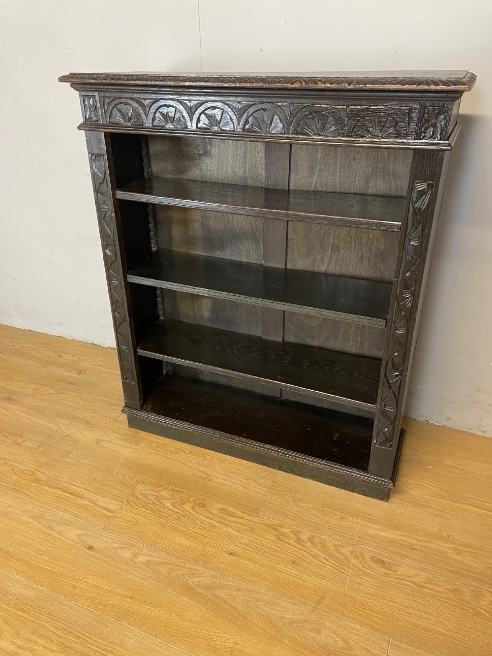 C19TH oak carved Jacobean style open bookcase  View IX