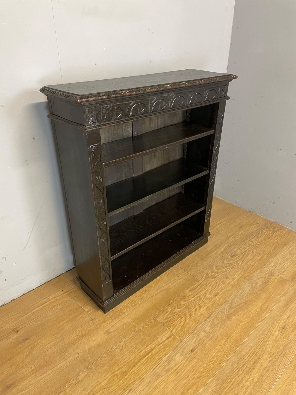 C19TH oak carved Jacobean style open bookcase  View X
