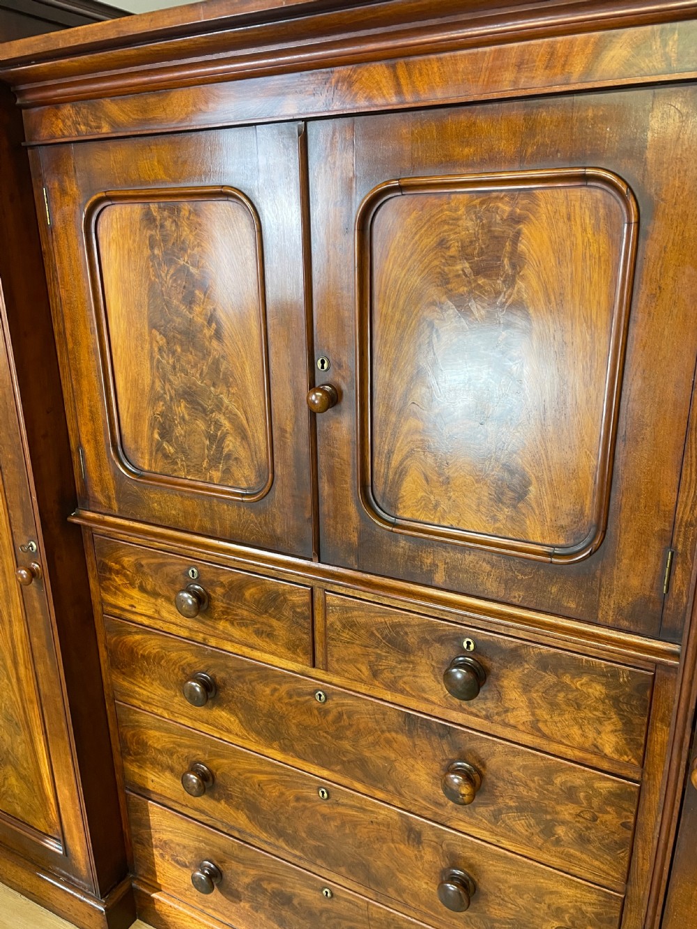 C19TH flame mahogany country house sentry box wardrobe  View III