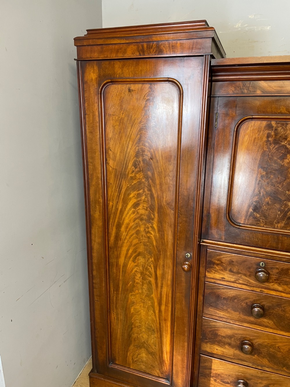C19TH flame mahogany country house sentry box wardrobe  View IV