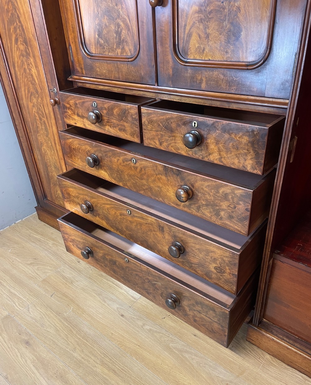C19TH flame mahogany country house sentry box wardrobe  View X