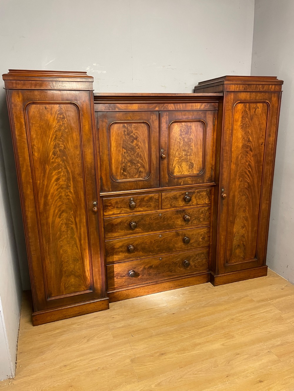 C19TH flame mahogany country house sentry box wardrobe  View XV