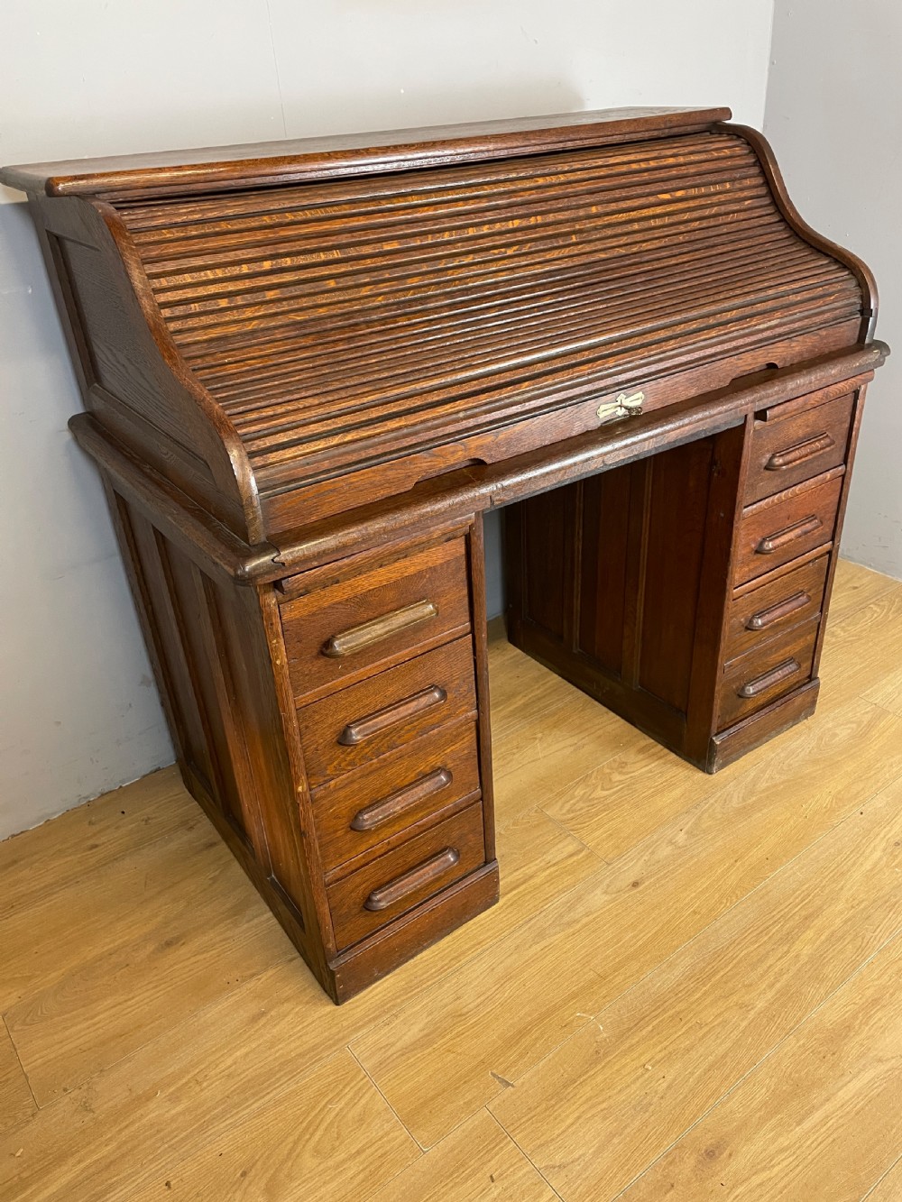 Edwardian oak twin pedestal roll top desk 