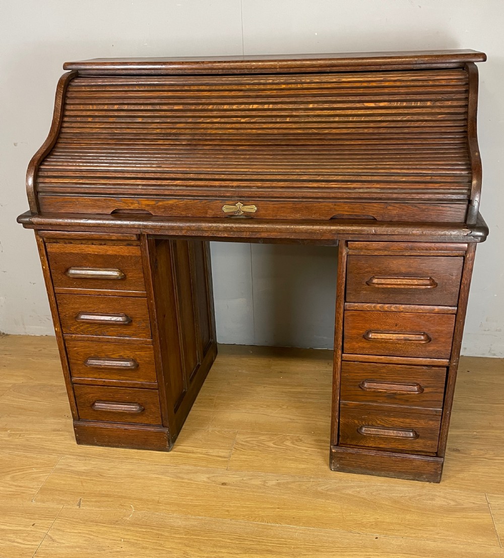 Edwardian oak twin pedestal roll top desk  View II