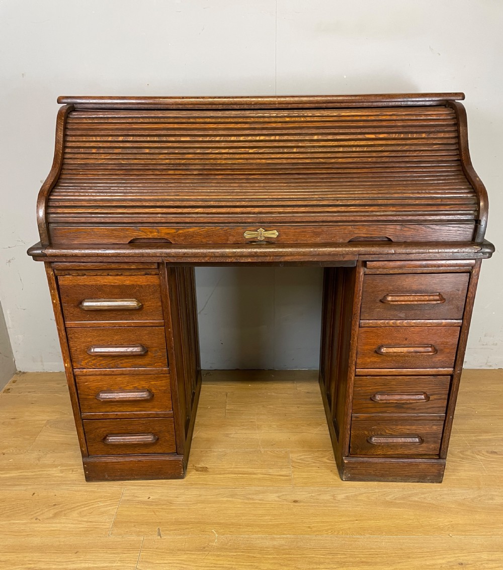 Edwardian oak twin pedestal roll top desk  View X