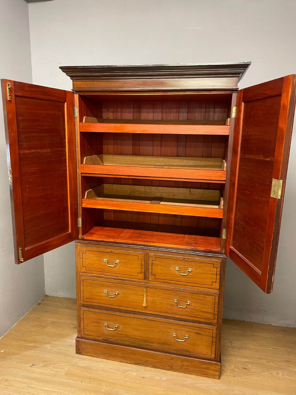 C19TH inlaid mahogany linen press by Shoolbred of London  View VII