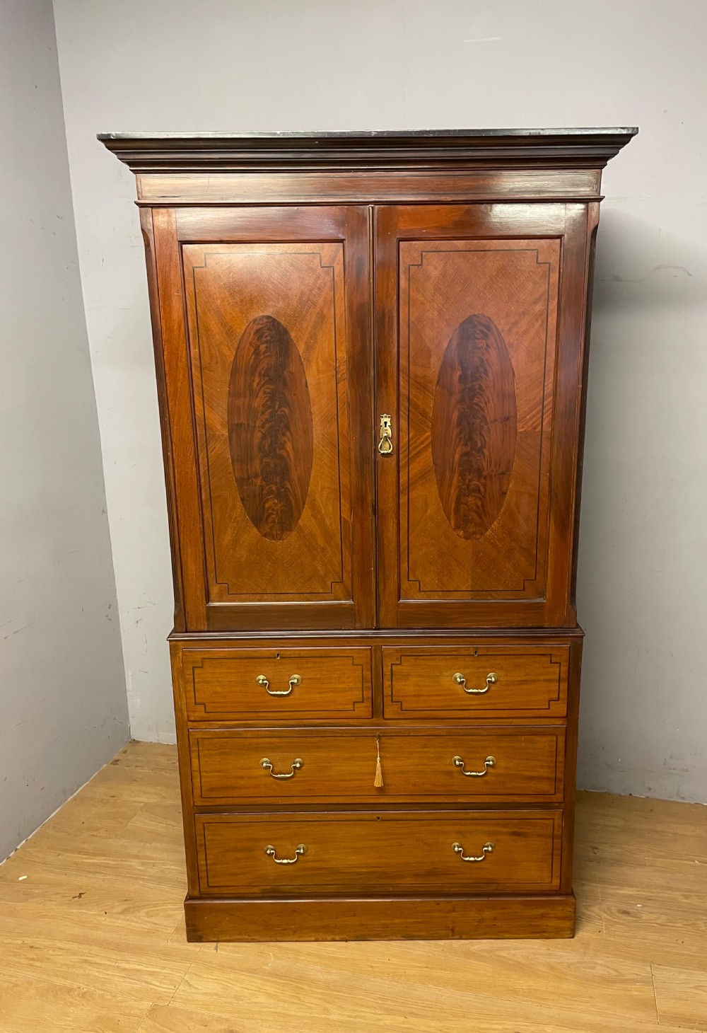 C19TH inlaid mahogany linen press by Shoolbred of London  View XI