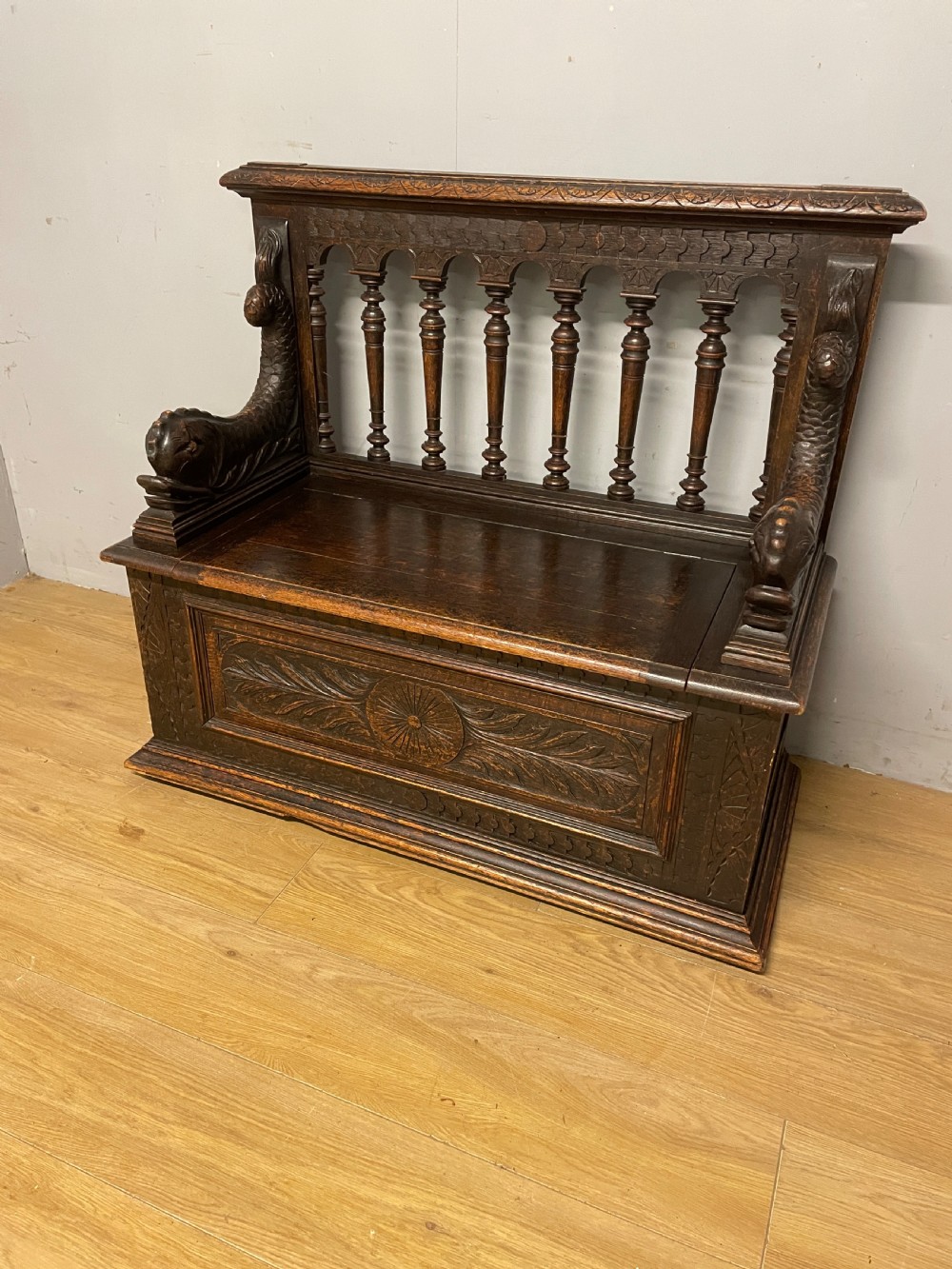C19TH solid oak carved box settle  View II