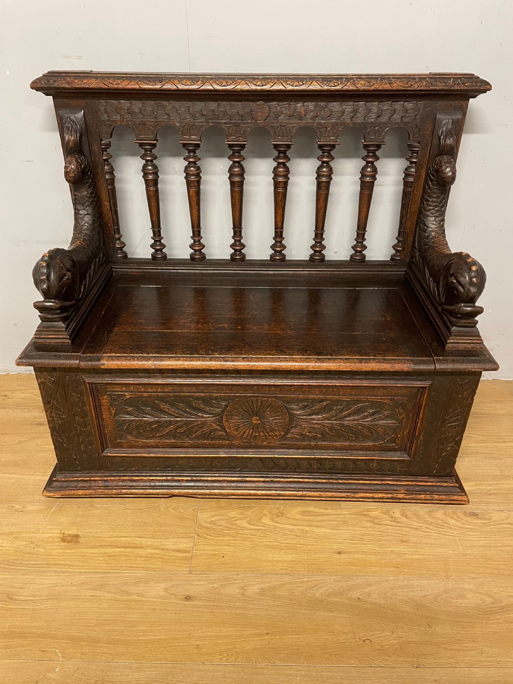 C19TH solid oak carved box settle  View III