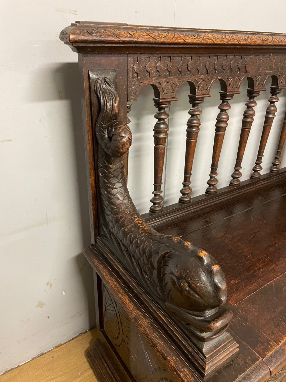 C19TH solid oak carved box settle  View IV