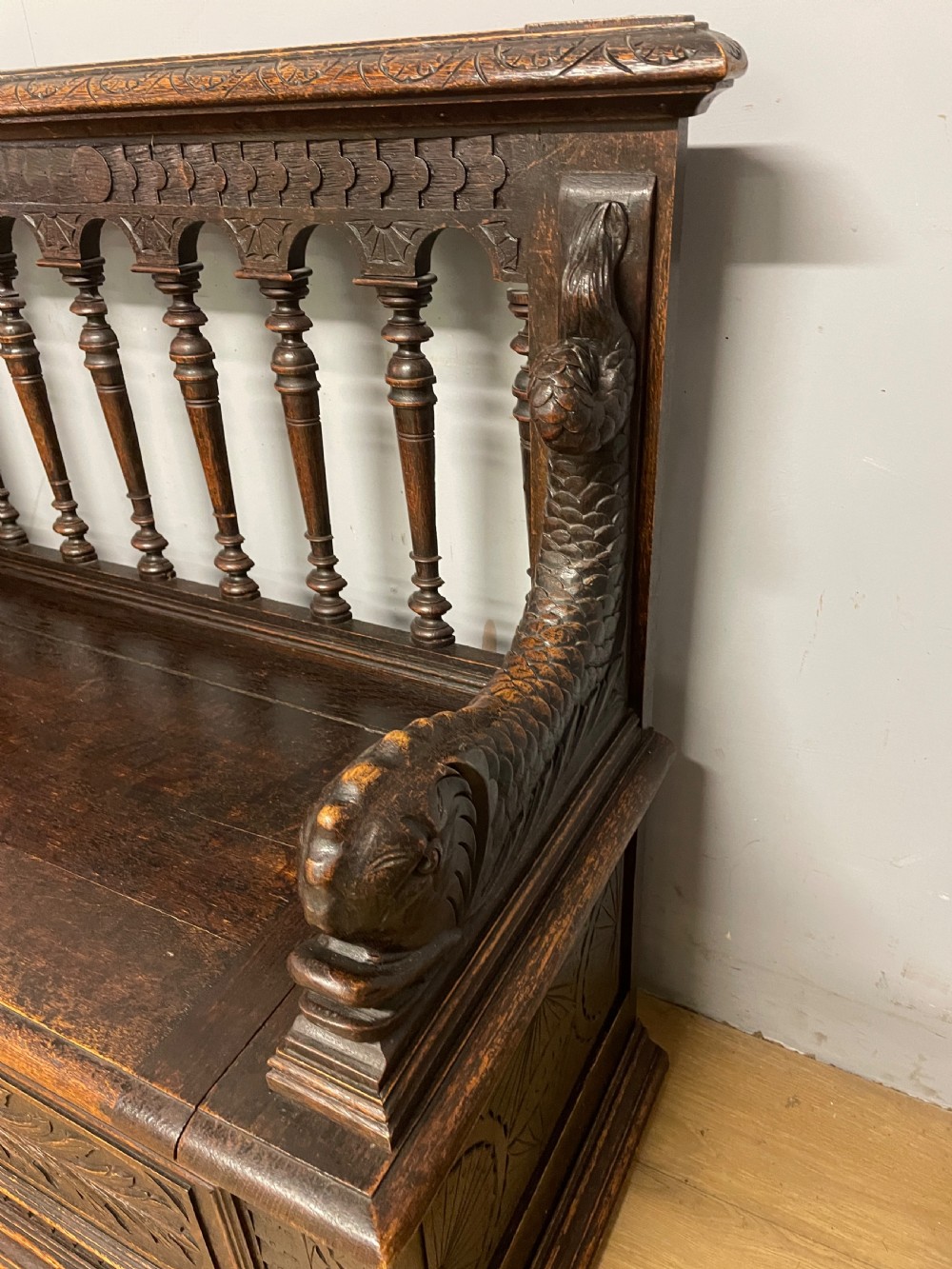 C19TH solid oak carved box settle  View V