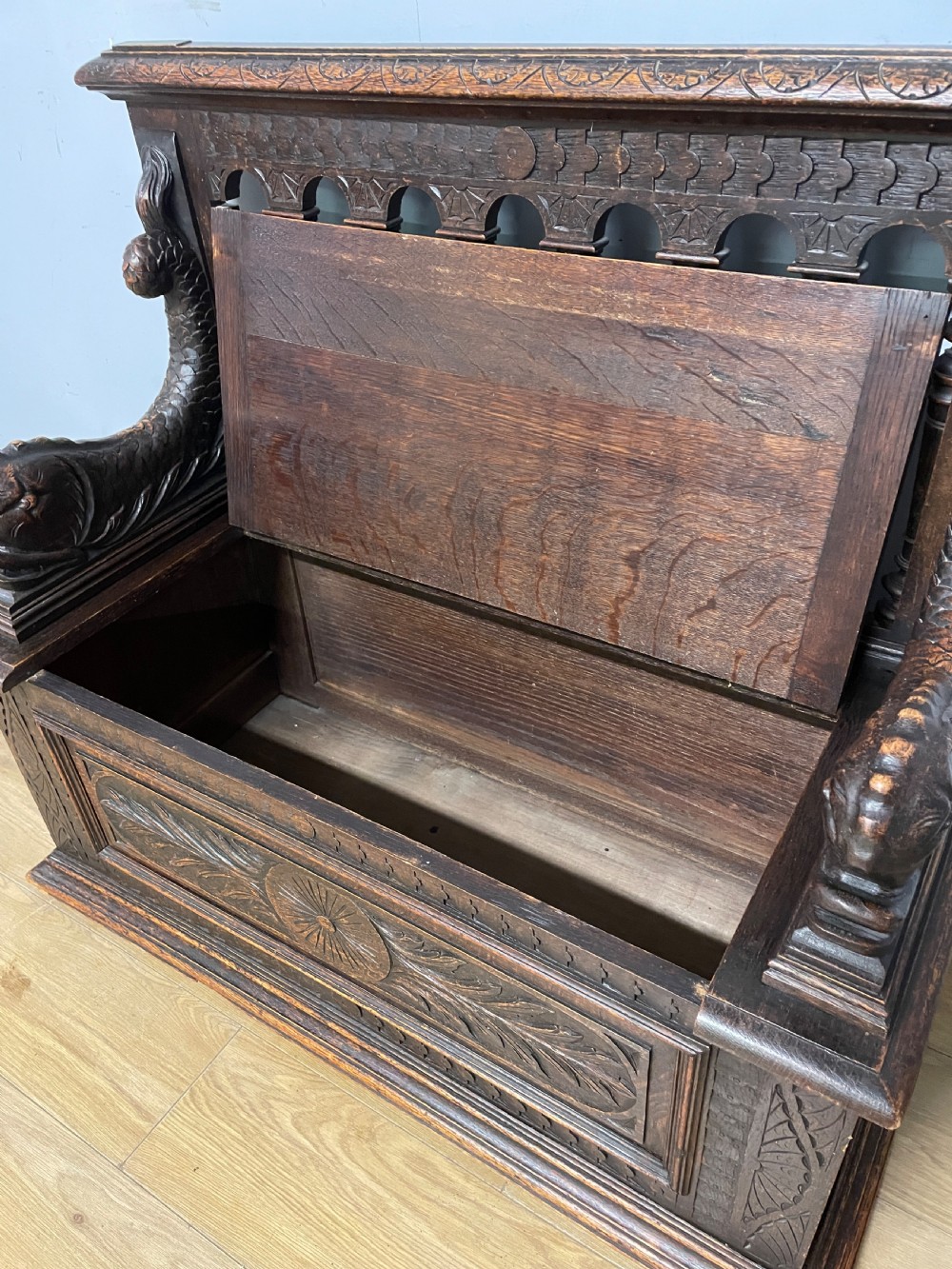 C19TH solid oak carved box settle  View VI