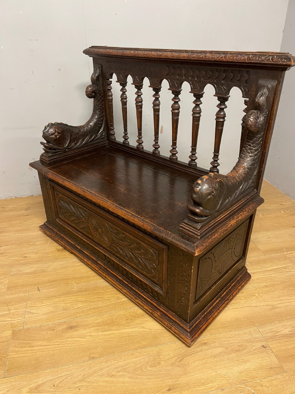 C19TH solid oak carved box settle  View IX