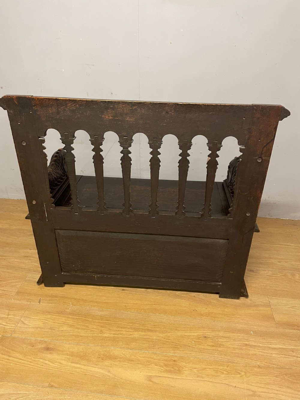 C19TH solid oak carved box settle  View X