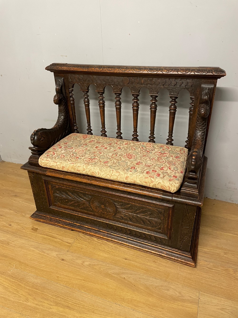C19TH solid oak carved box settle  View XIII