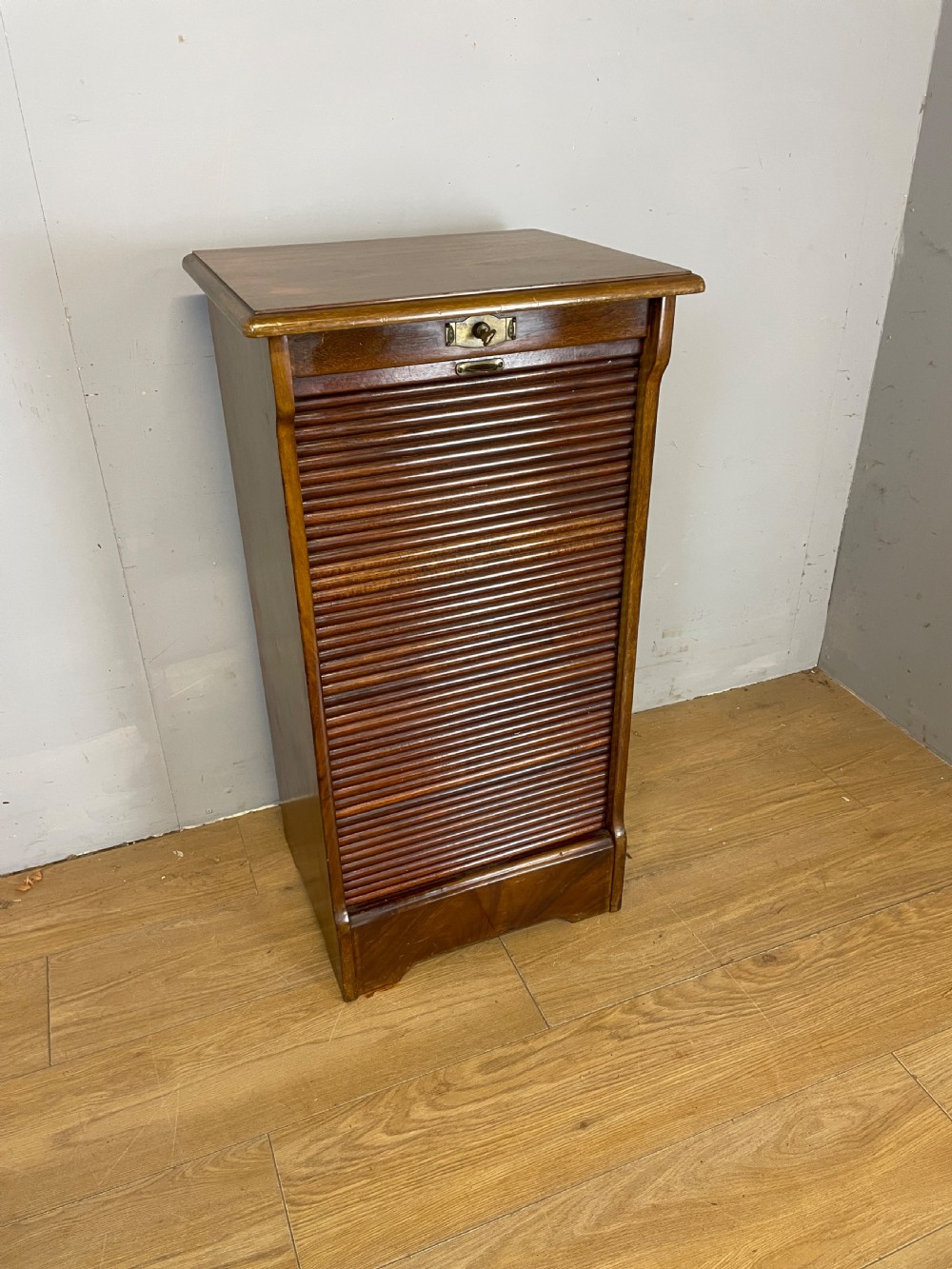 Edwardian walnut tambour fronted filing cabinet with original key 