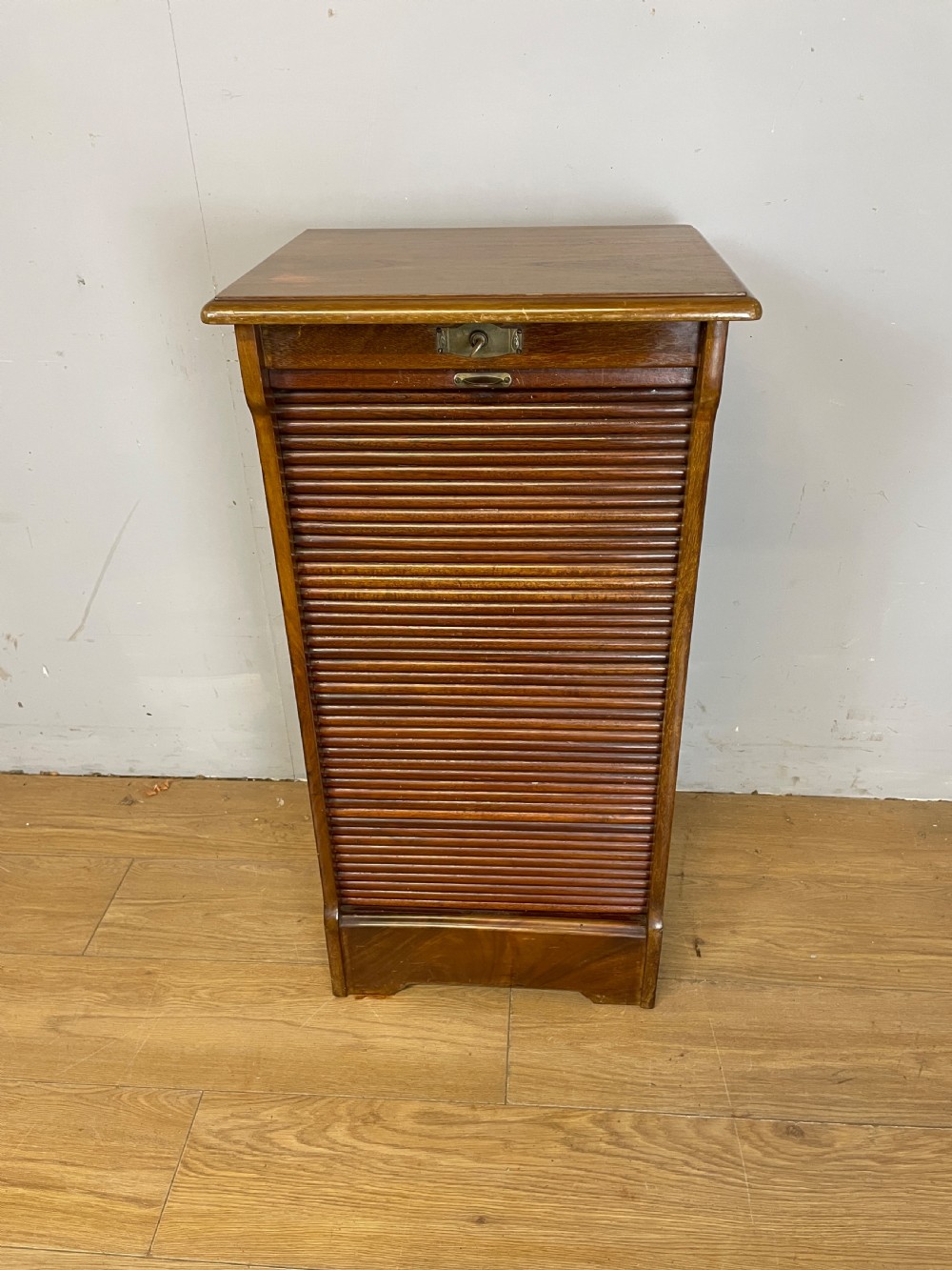 Edwardian walnut tambour fronted filing cabinet with original key  View II