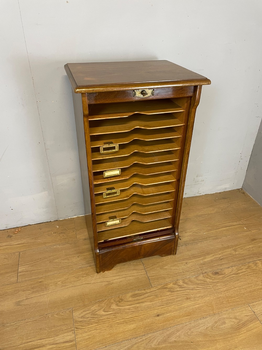 Edwardian walnut tambour fronted filing cabinet with original key  View III