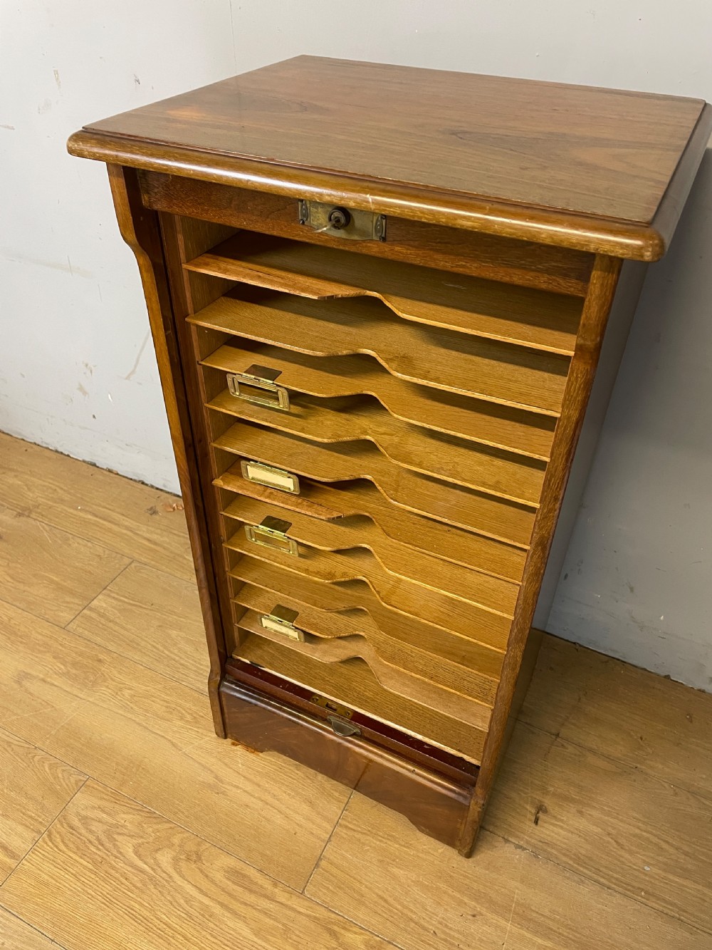 Edwardian walnut tambour fronted filing cabinet with original key  View IV
