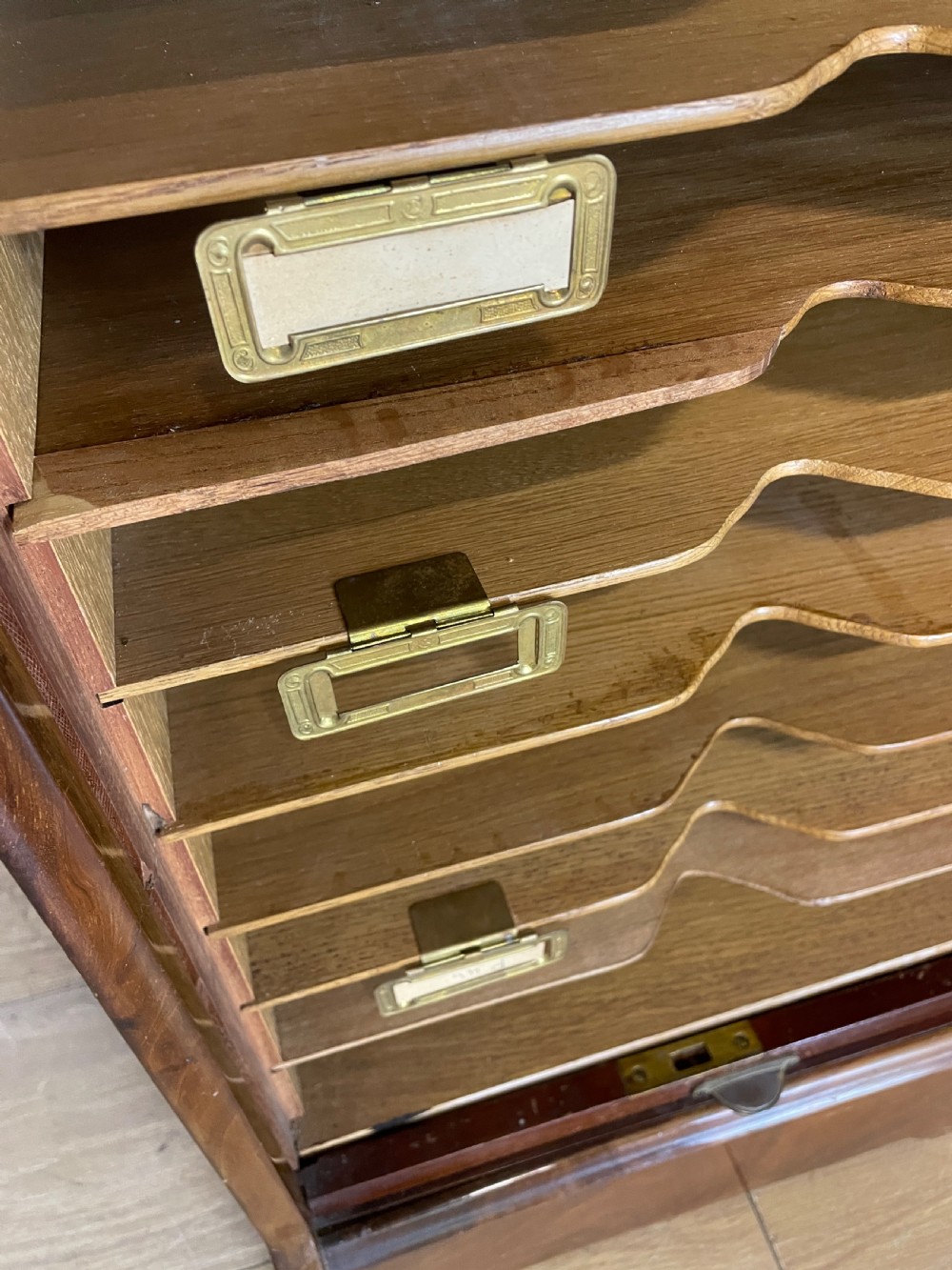 Edwardian walnut tambour fronted filing cabinet with original key  View V