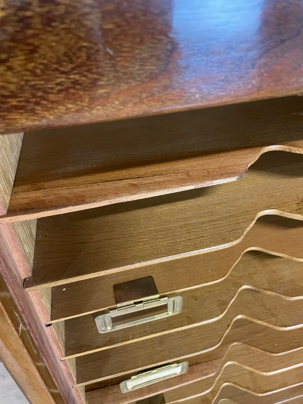 Edwardian walnut tambour fronted filing cabinet with original key  View VI