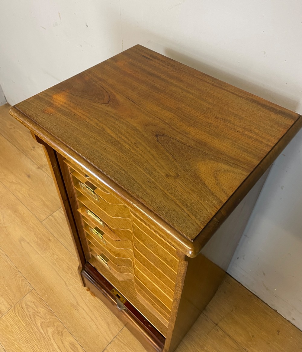 Edwardian walnut tambour fronted filing cabinet with original key  View VII