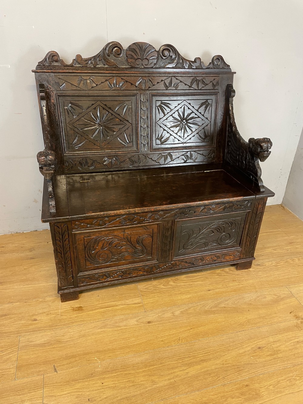 C19TH solid oak carved box settle