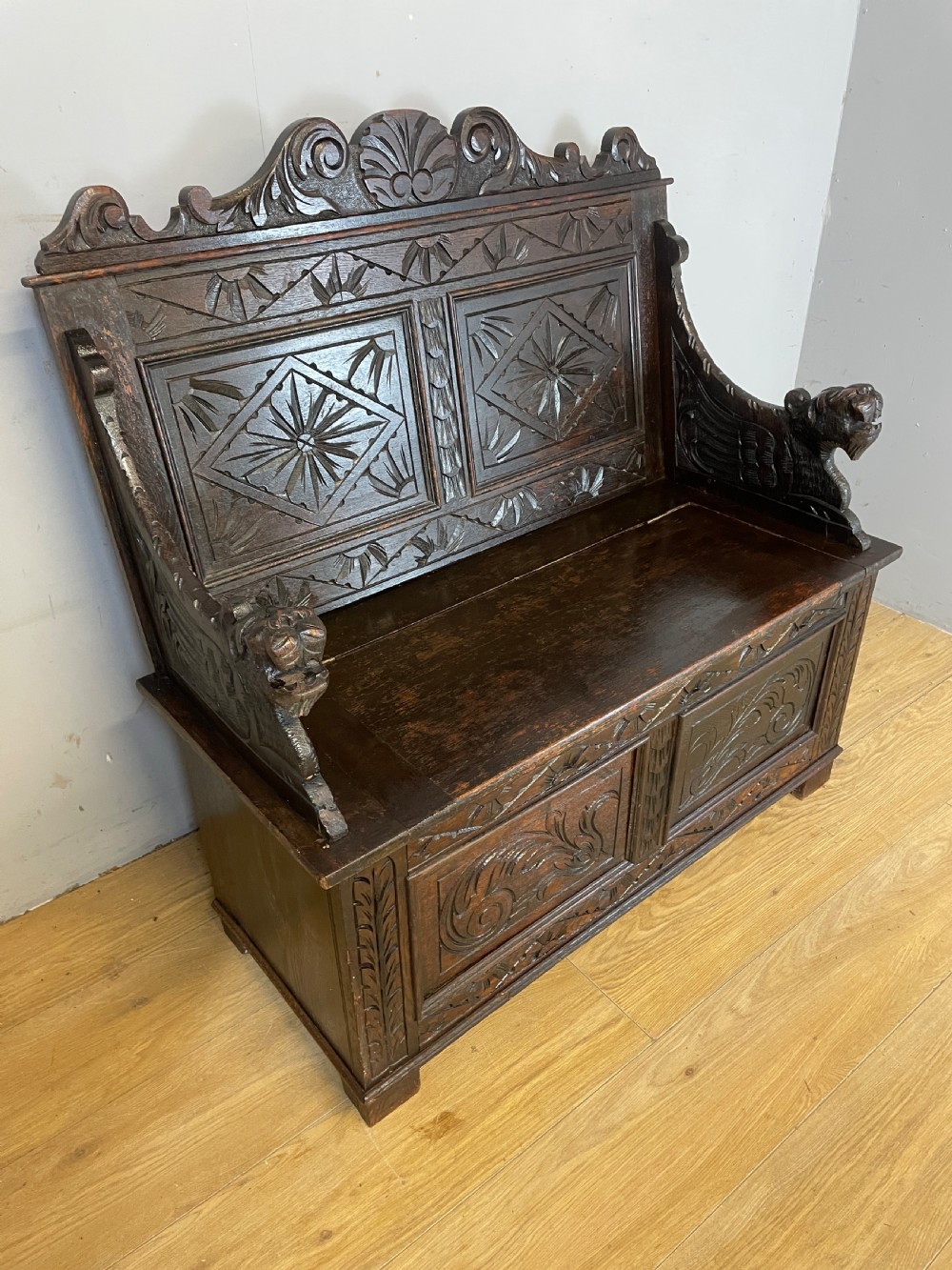 C19TH solid oak carved box settle View II