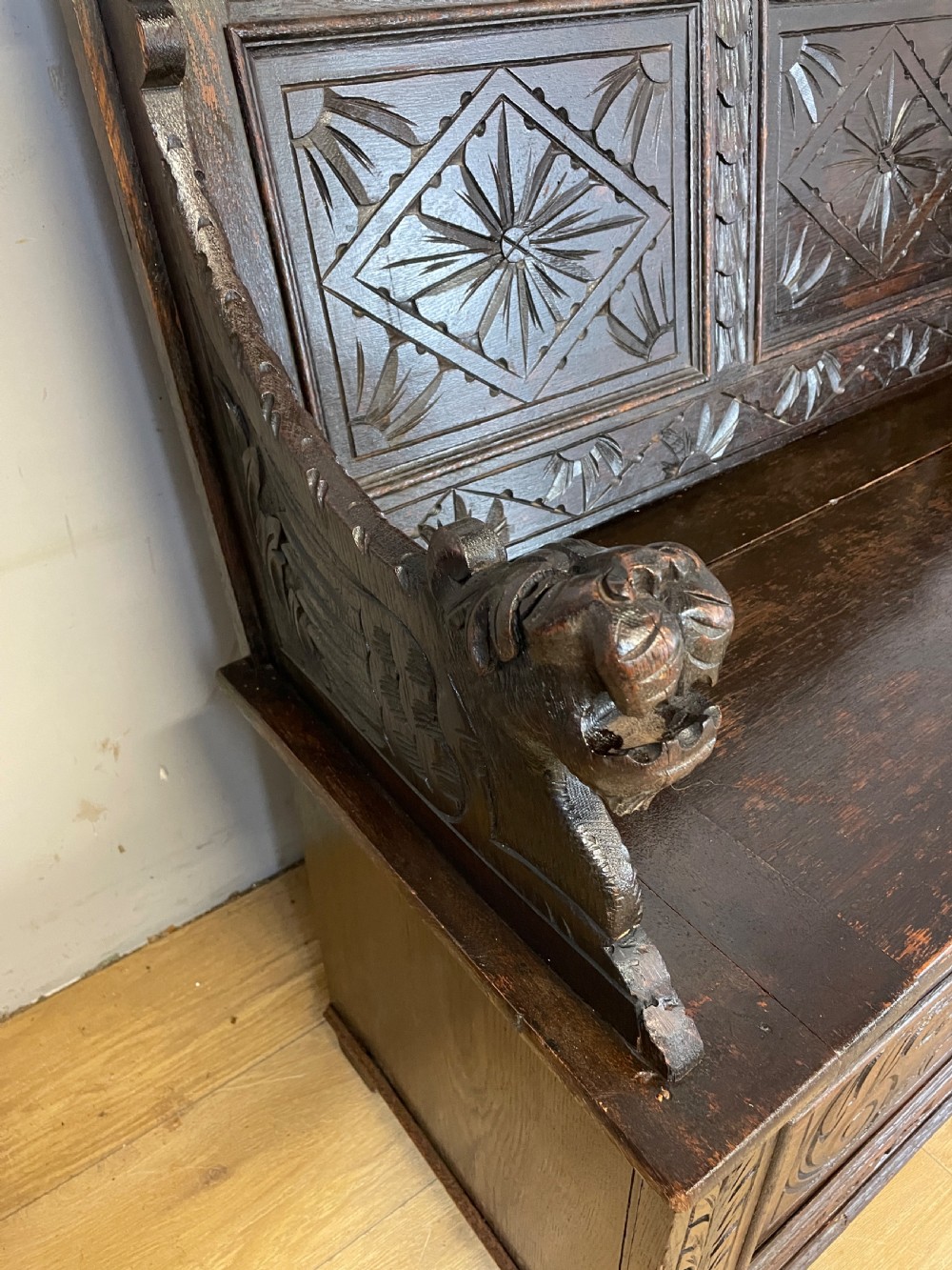 C19TH solid oak carved box settle View III