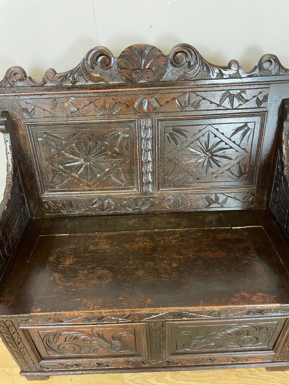 C19TH solid oak carved box settle View IV