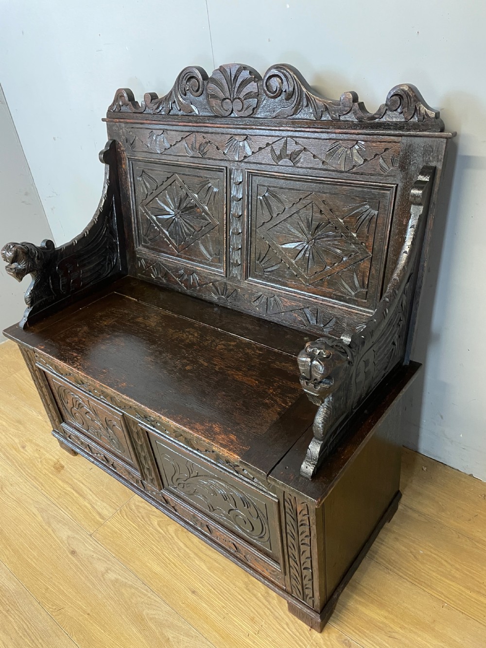 C19TH solid oak carved box settle View V