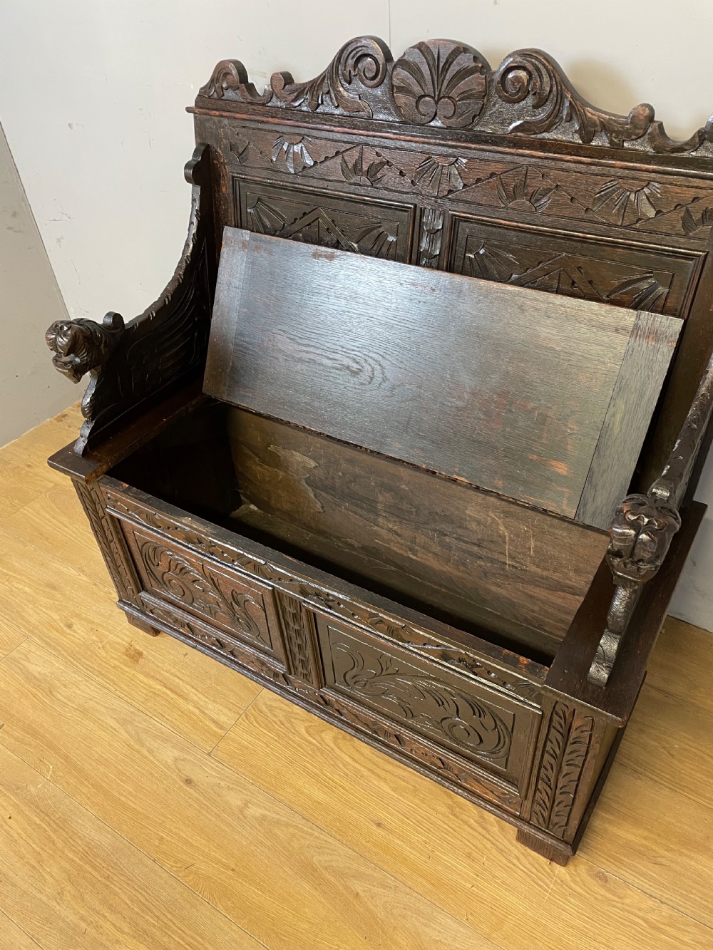 C19TH solid oak carved box settle View VI