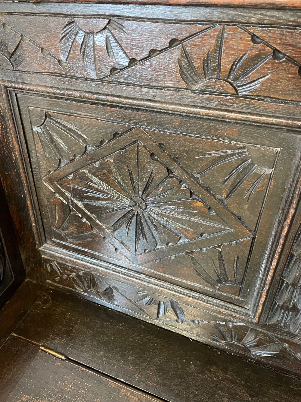 C19TH solid oak carved box settle View VII