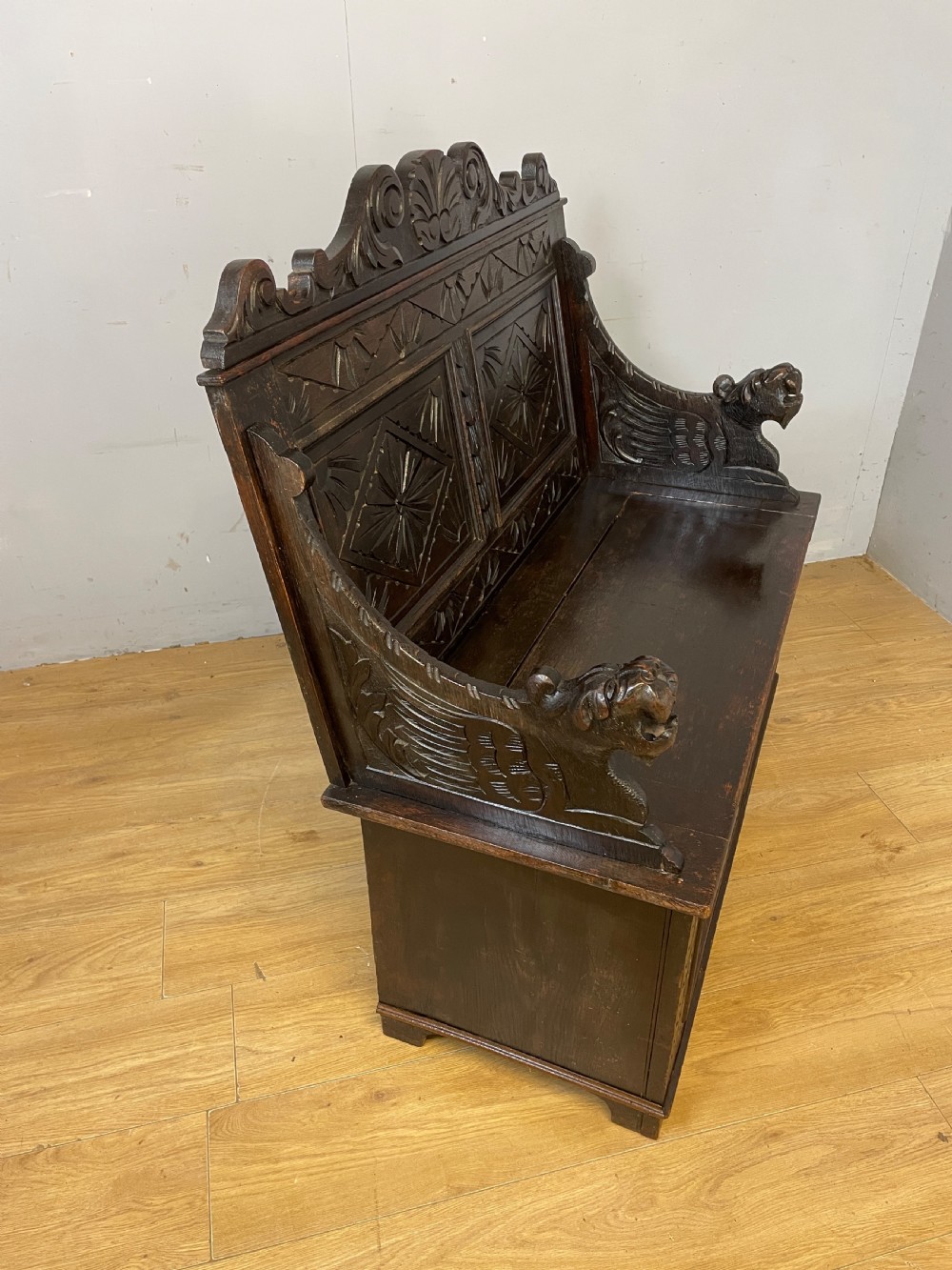 C19TH solid oak carved box settle View VIII