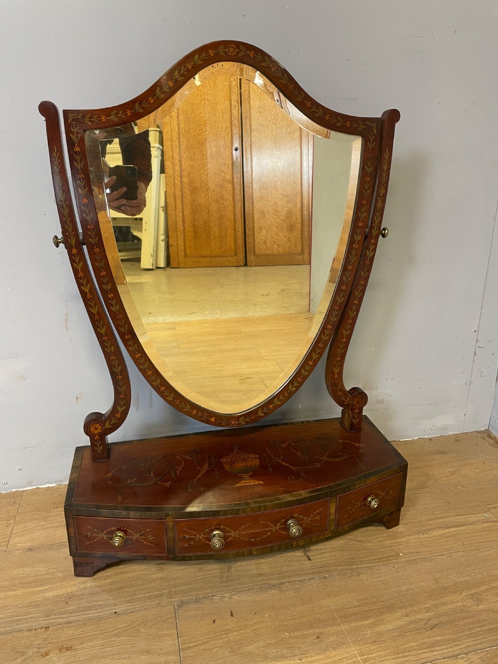 C19TH Sheraton revival mahogany swing mirror with marquetry inlay  View II