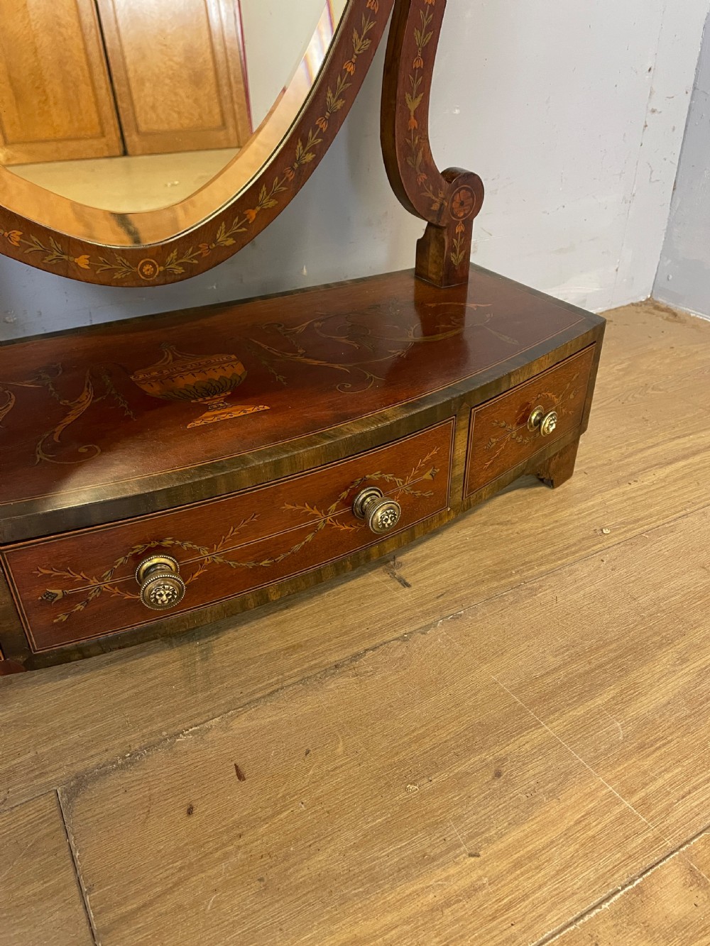 C19TH Sheraton revival mahogany swing mirror with marquetry inlay  View III