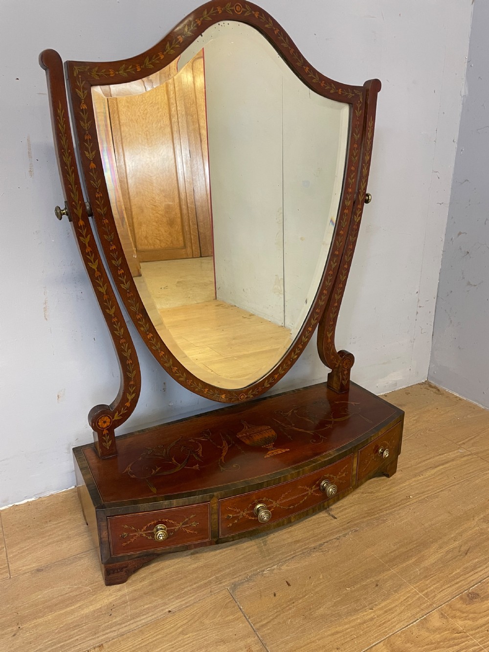 C19TH Sheraton revival mahogany swing mirror with marquetry inlay  View VII
