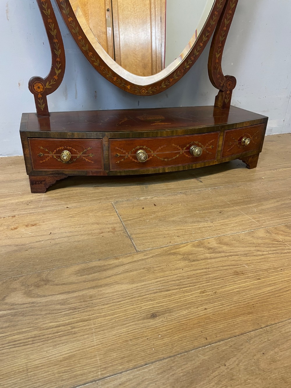 C19TH Sheraton revival mahogany swing mirror with marquetry inlay  View VIII