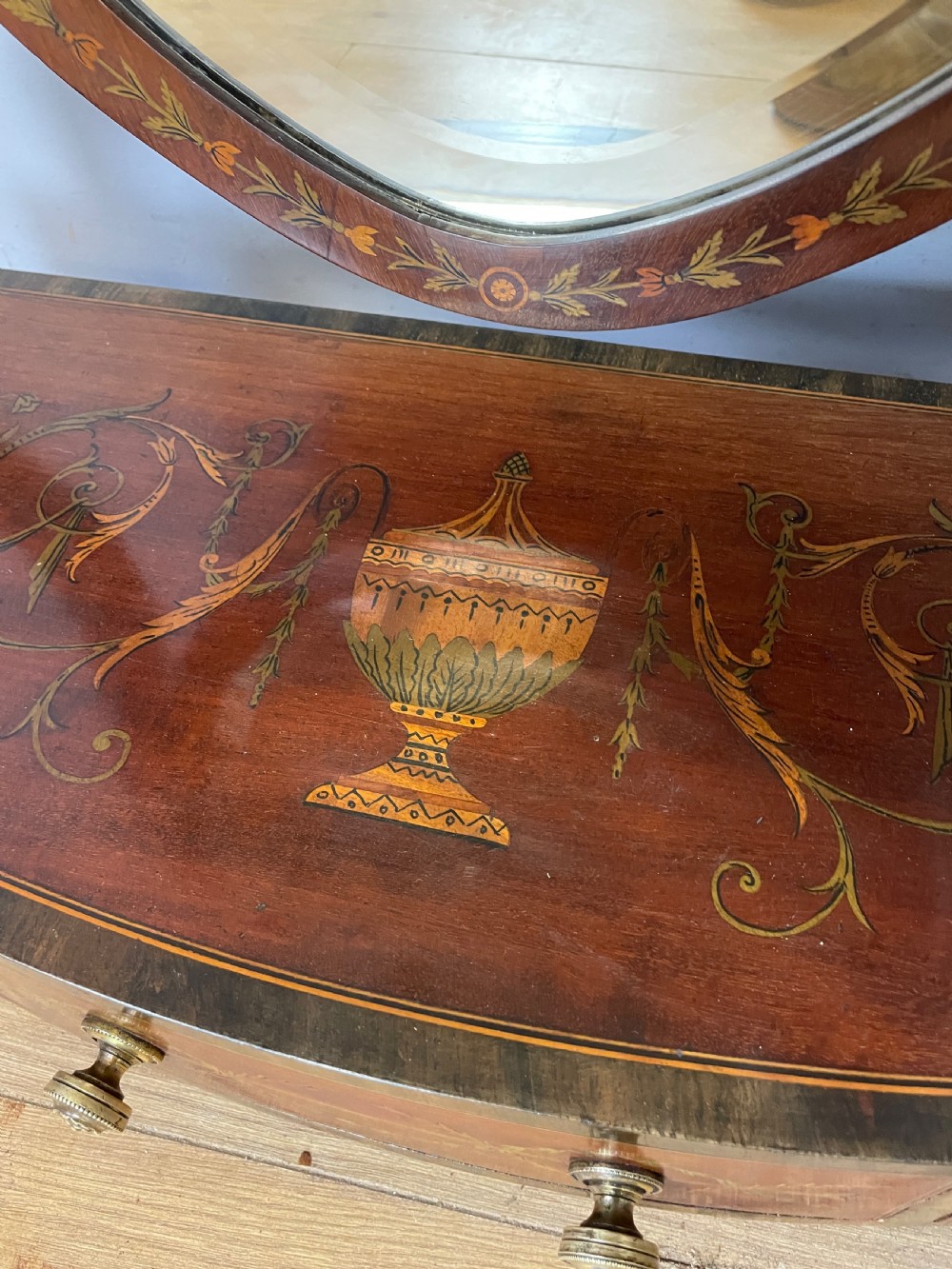C19TH Sheraton revival mahogany swing mirror with marquetry inlay  View XV