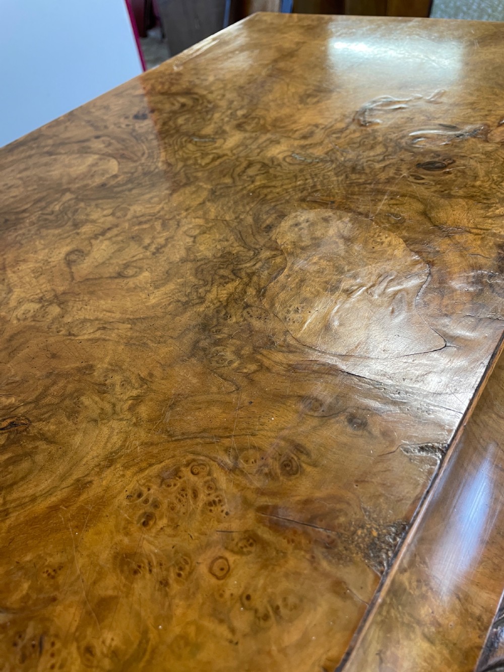 Burr walnut side cabinet on a carved base circa 1920 View XIII