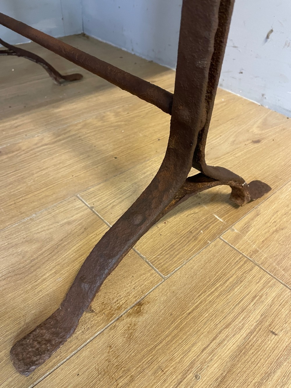 C19TH pine topped trestle table on wrought iron supports  View VI