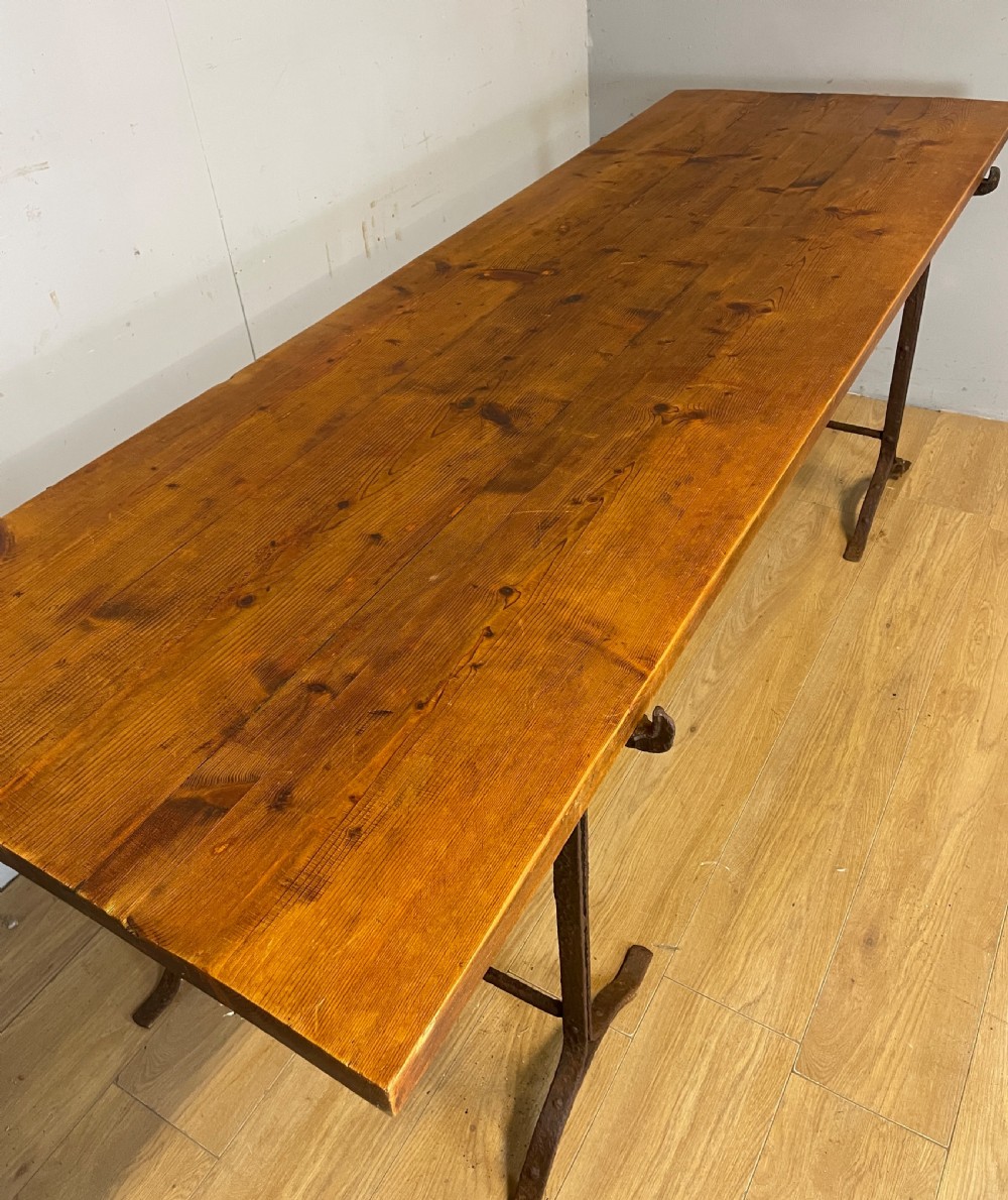 C19TH pine topped trestle table on wrought iron supports  View VII
