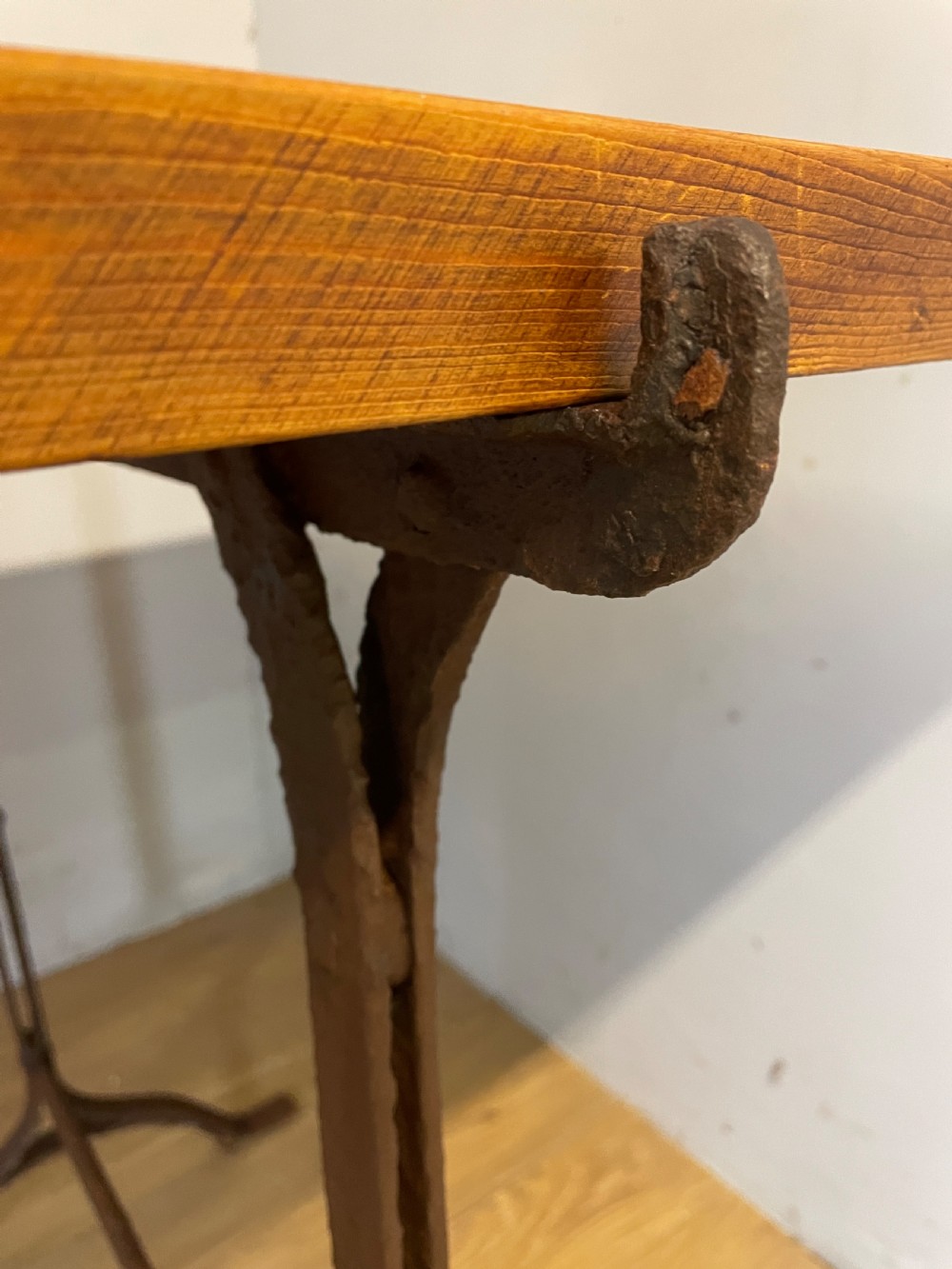 C19TH pine topped trestle table on wrought iron supports  View IX