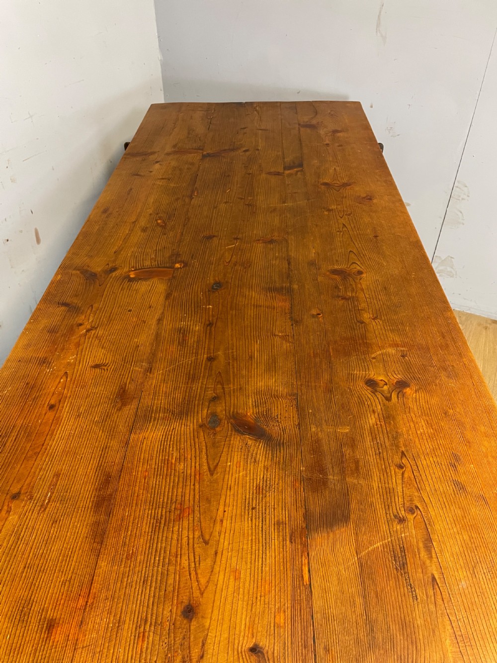 C19TH pine topped trestle table on wrought iron supports  View XI