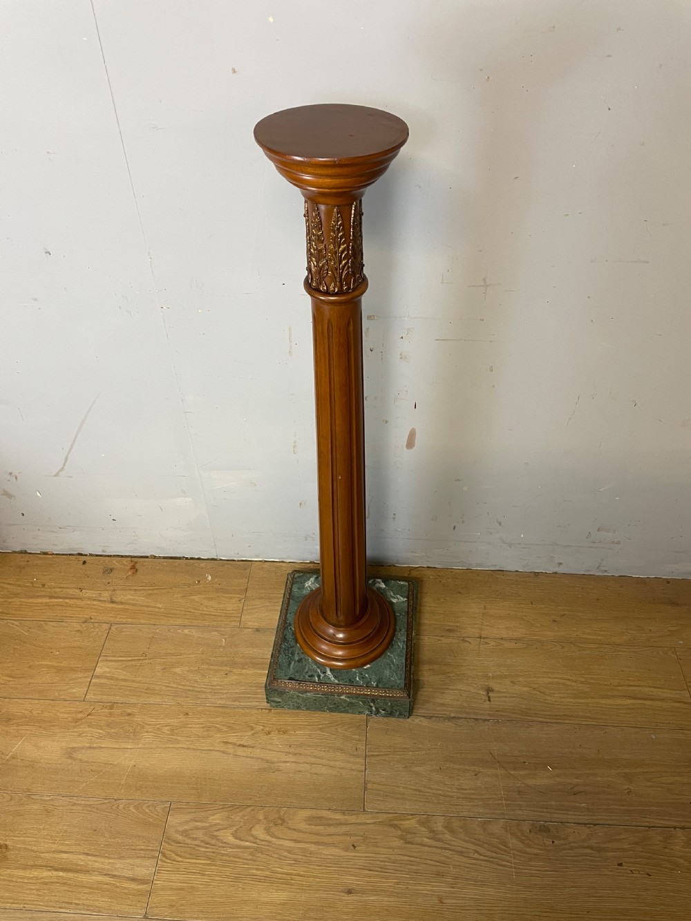 Edwardian mahogany and marble ormolu mounted pedestal torchere with provenance  View II