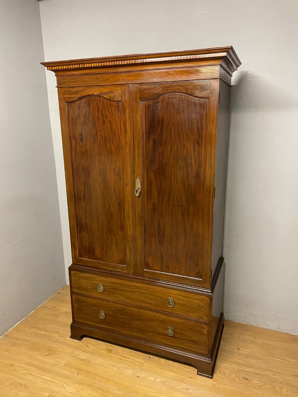 C19TH Sheraton Revival inlaid mahogany double wardrobe 