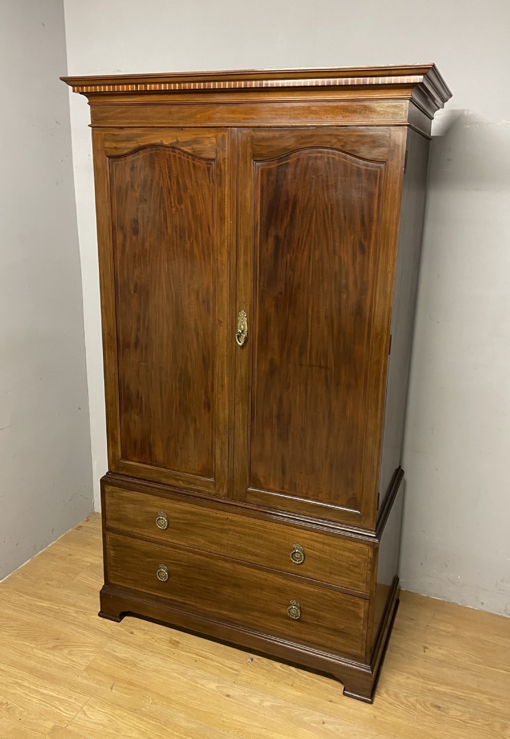 C19TH Sheraton Revival inlaid mahogany double wardrobe  View II