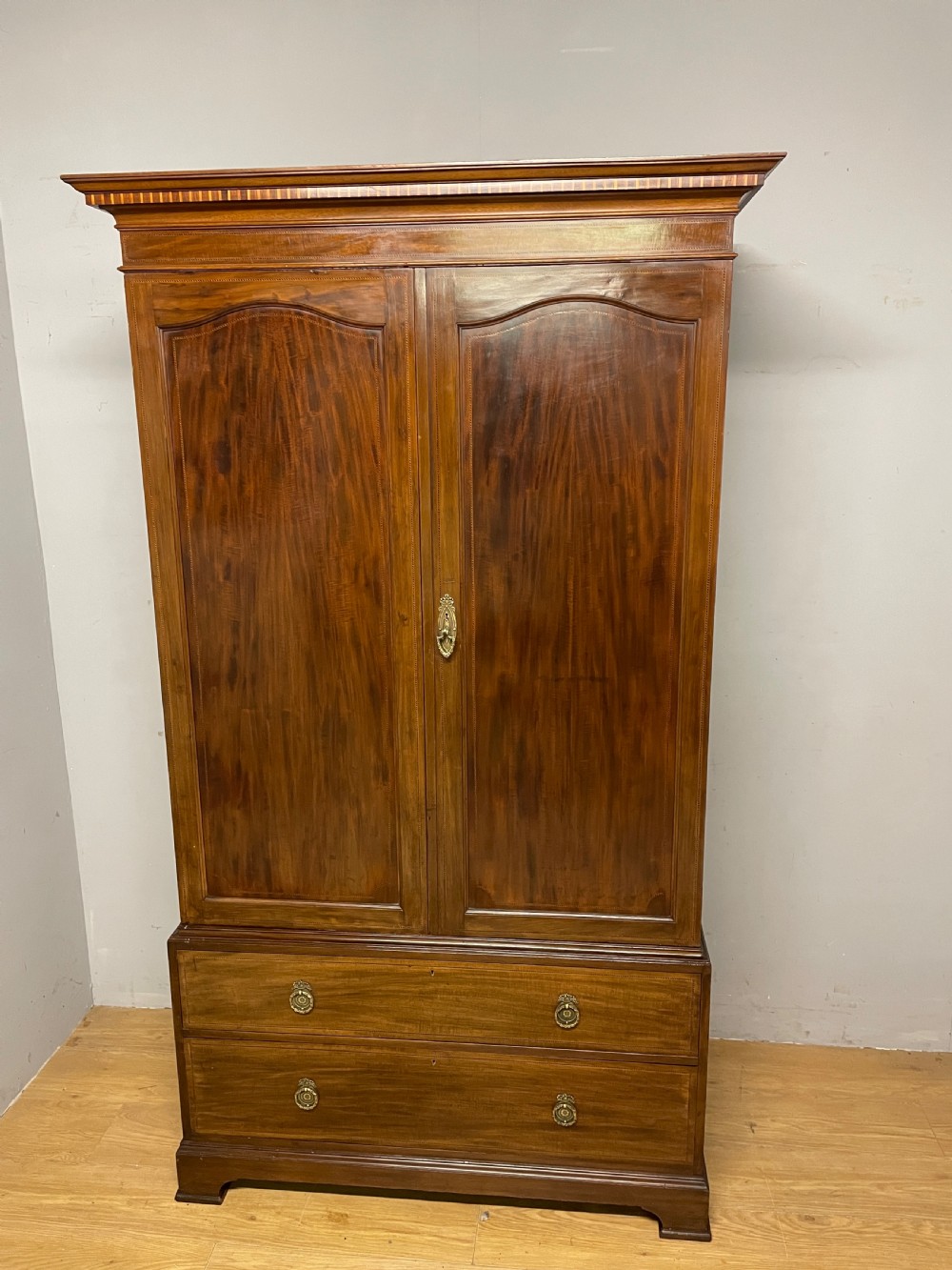 C19TH Sheraton Revival inlaid mahogany double wardrobe  View III