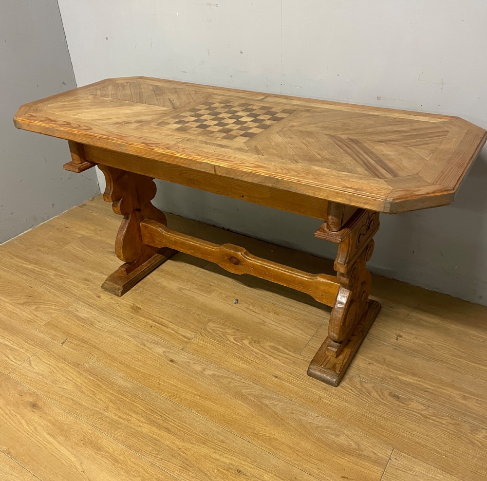 Arts and Crafts parquetry and carved  pine table with central chess board top View II